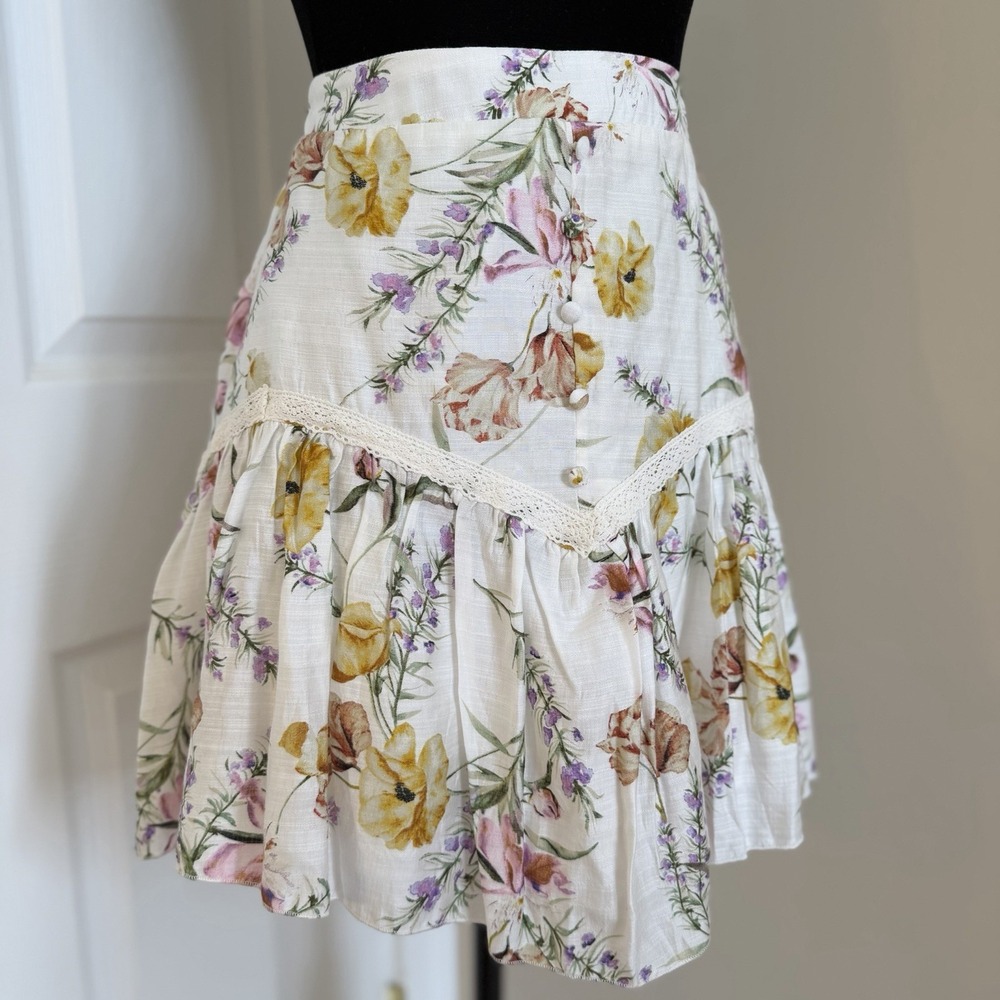 Floral Ruffled Mini Skirt Lace (L) Elastic Waist Cottage Prairie Cute Girly Prep